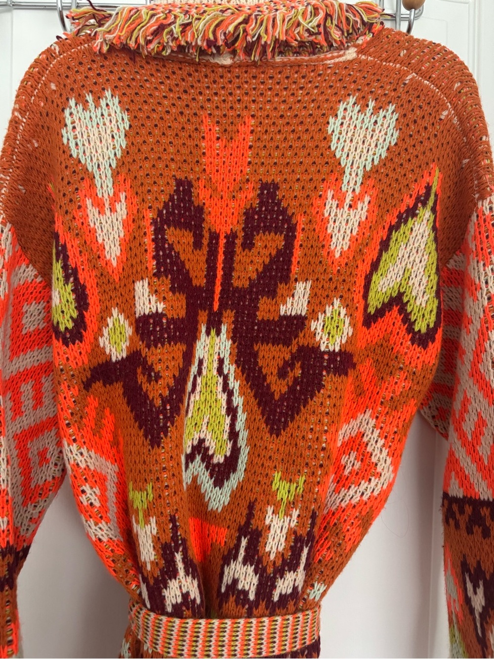 Fringed Orange Patterned Wrap Cardigan Sweater - Picture 2 of 5